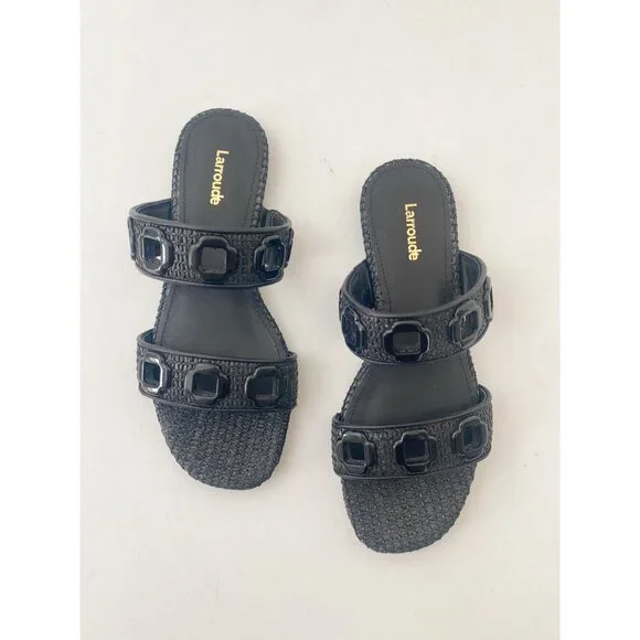 New Larroude Milan Flat Mule Sandals Slides Shoes Black Raffia